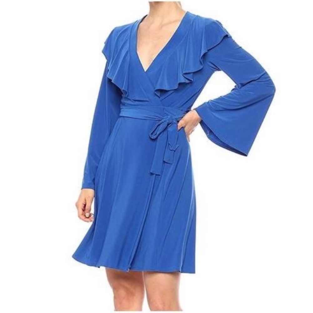 Just Taylor blue ruffle long sleeve wrap dress